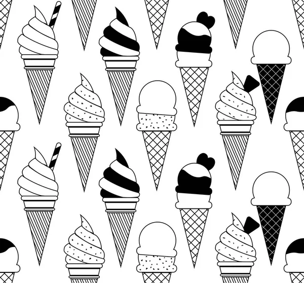 Patrón inconsútil de verano vectorial monocromático con frutas e ilustración de helado aislados sobre fondo blanco — Vector de stock