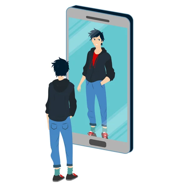 Mladík se odráží v zrcadle smartphone sám ve svém pokoji, izolované na bílém — Stockový vektor