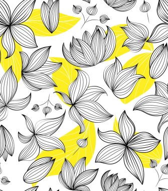 Çiçek vektör seamless modeli el ile siyah çiçekler renkli sarı yapraklarda - hareli anahat resimde çizilmiş.