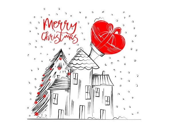 Merry Christmas greetings cards hand draawn with black and rec ink pens for loving holidays - Vector Illustration isolated on white — Stock Vector