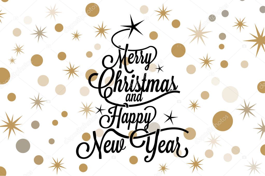 Merry Christmas and happy new year calligraphic lettering with balck tree and golden stars on white background - Vector greeting card