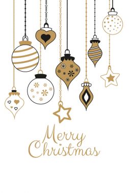 Siyah ve topları, ağaç, çiçek, çelenk, metin baskı ve web için Merry Christmas vektör altın tebrik kartları