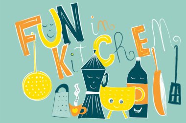 Vektör çizim kompozisyonu eğlenceli mutfak nesnesinde izole beyaz yazı ile ve kaligrafi test el çizmek ve yazılı