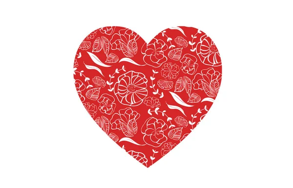 Rött Hjärta Form Med Blommönster För Kärlek Gratulationskort Design För — Stock vektor