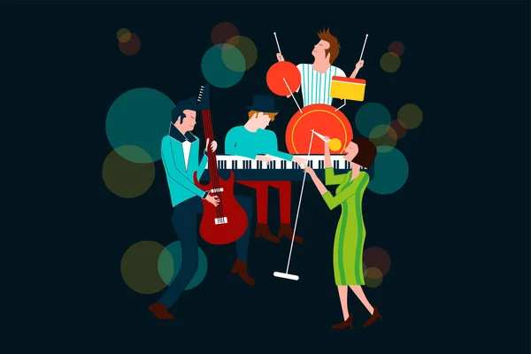 男性と女性の歌と演奏のエレク トリック ギター ピアノ ドラム カラフルなベクトル図の青色の背景に分離された作曲コンサートのシリーズ — ストックベクタ