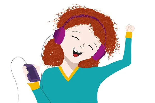 Happy Fun Child Girl Lsitening Music Smartphone Headphones Hand Drawn — 스톡 벡터