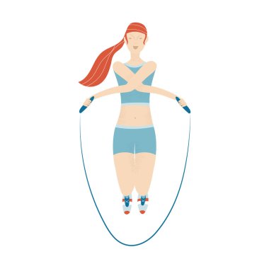 Kadın karakterler spor faaliyetlerini çalıştırıyor, spor yapıyor, spor yapıyor, koşuyor, ip atlıyor. Sağlıklı Yaşam Tarzı Eğlencesi. Çizgi film Düz Vektör İllüstrasyonu beyaz arkaplanda izole edildi