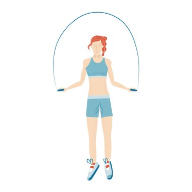 Kadın karakterler spor faaliyetlerini çalıştırıyor, spor yapıyor, spor yapıyor, koşuyor, ip atlıyor. Sağlıklı Yaşam Tarzı Eğlencesi. Çizgi film Düz Vektör İllüstrasyonu beyaz arkaplanda izole edildi