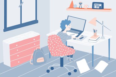 Evdeki yatak odasında ders çalışan ve ödevlerini yapan bir çocuğun vektör çizimi.