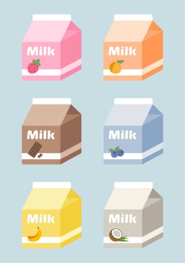 Süt kutularının çilek, şeftali, çikolata, yaban mersini, muz, Hindistan cevizi ile mavi bir arka plan ayarla.