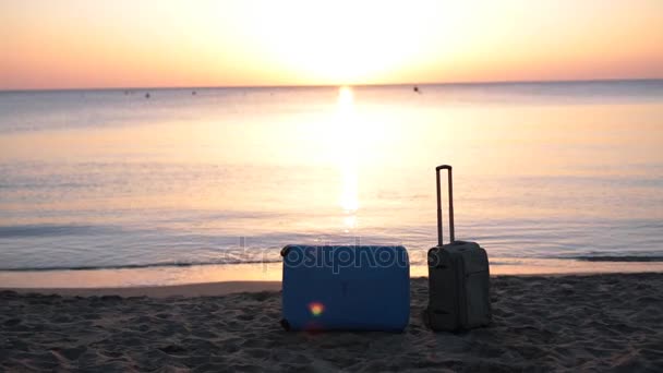 Два чемодана на пляже — стоковое видео