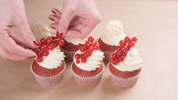 Panettiere femminile decorazione gustoso cupcake — Video Stock