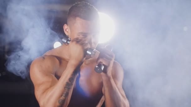 Man Boxer trains with dumbbells — Stock Video