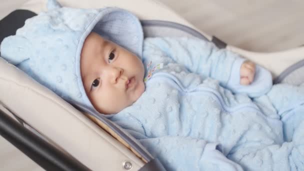 Pasgeboren babyjongen zitten in een autostoeltje — Stockvideo