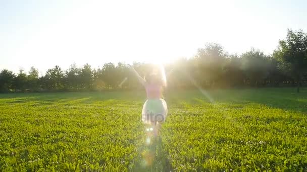 Glückliche junge Frau läuft an einem sonnigen Herbsttag auf der Wiese — Stockvideo