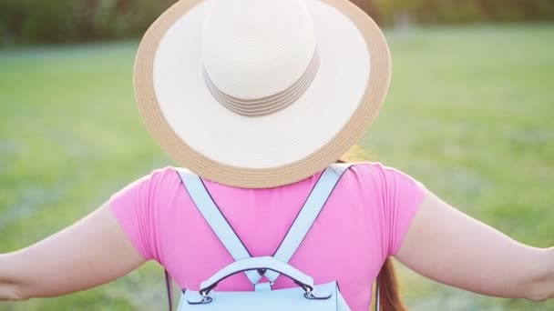 Een jonge vrouw staat in het veld met haar uitgestrekte armen — Stockvideo