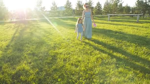 Мать и ребенок веселятся на открытом воздухе на закате — стоковое видео
