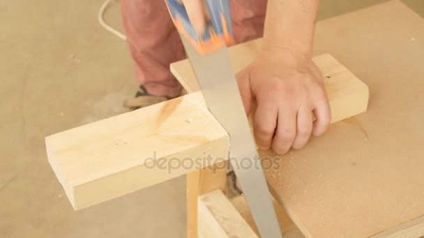 Corte de madera por sierra manual — Vídeos de Stock