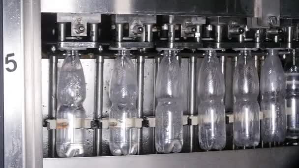 Llenado de botellas con agua en fábrica — Vídeo de stock