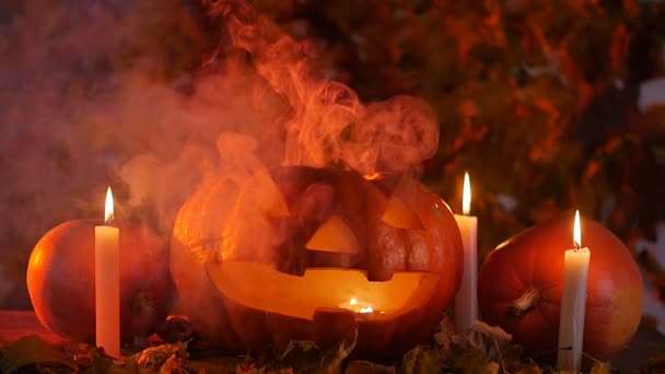 Calabaza monstruo humeante brillante. Concepto Halloween — Vídeos de Stock