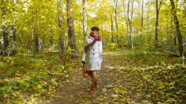 Sonbahar parkında yürüyen bir kadın.