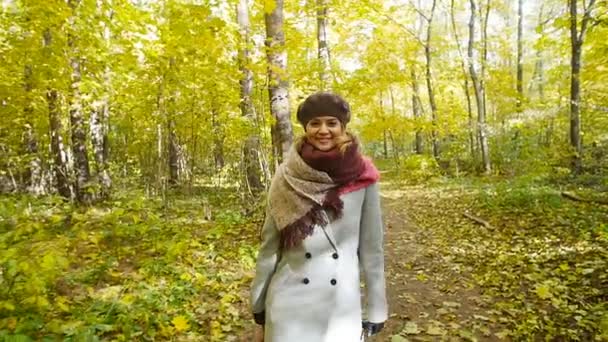 Sonbahar parkında yürüyen bir kadın. — Stok video