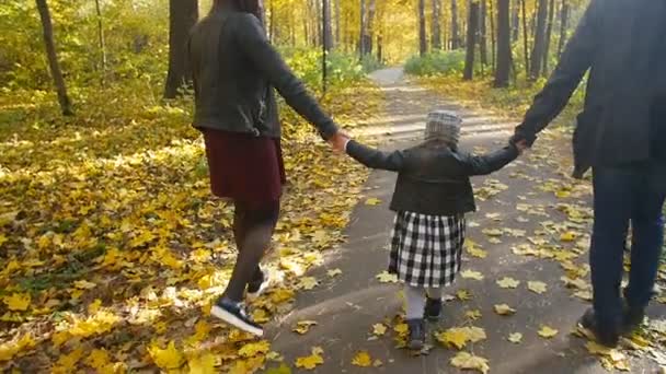 Familia feliz con una pequeña hija a pie en el parque de otoño — Vídeo de stock