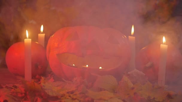 Halloween pumpkin in the smoke — Stock Video