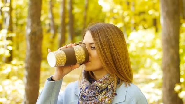 Nette junge Frau mit einer Tasse Kaffee im Herbstpark — Stockvideo