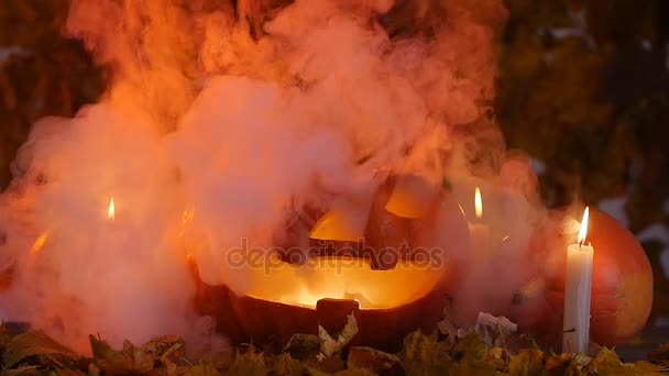 Halloween pumpkin face on wooden background and autumn leafs — Stock Video