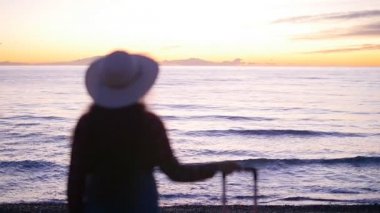 Güneşli kumsalda bavulla güzel kadın