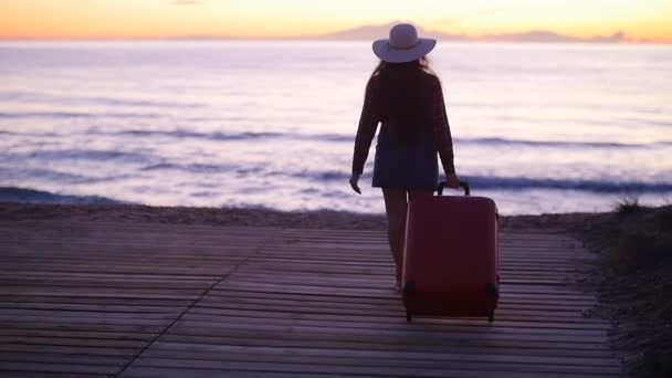 Hermosa mujer con una maleta en la playa soleada — Vídeos de Stock