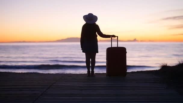 Mladá žena v klobouku s kufrem na pláži — Stock video