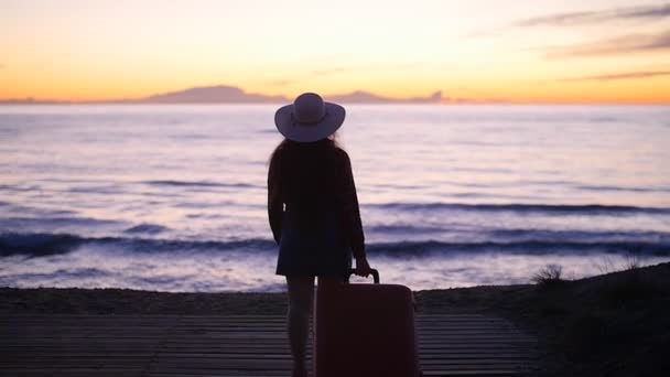 Jonge vrouw in een hoed met een koffer op het strand — Stockvideo