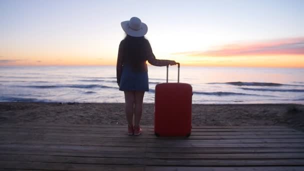 Sahilde bavulla şapkalı bir genç kadın — Stok video