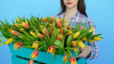 Bir kutu ile Lale mavi bir arka plan üzerinde tutan genç kadın