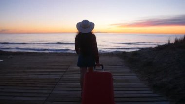 Bir bavulla kumsalda yürüyen genç kadın