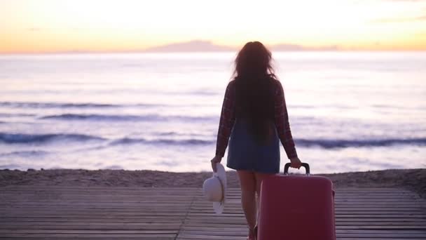 Ung kvinna promenader med en resväska på stranden — Stockvideo