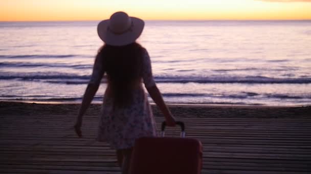 Jovem mulher bonita em chapéu com grande mala na praia — Vídeo de Stock