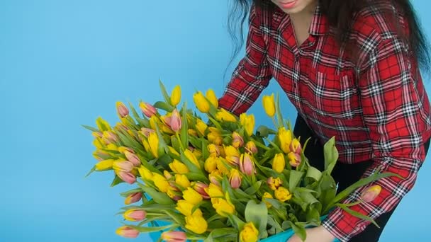 Joven florista alegre sosteniendo caja de tulipanes — Vídeos de Stock