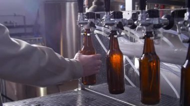 Küçük işletme ve üretim konsepti. Bira fabrikasında bira şişeleriyle dolu.