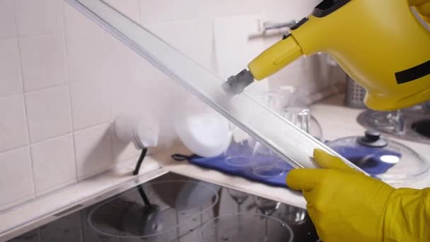 Huisschoonmaakconcept. Professionele conciërge schoonmaken mesh filter van fornuis kap in keuken — Stockvideo