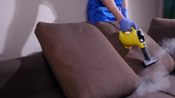 Conceito de limpeza de móveis. Limpar o sofá com um limpador de vapor antibacteriano — Vídeo de Stock