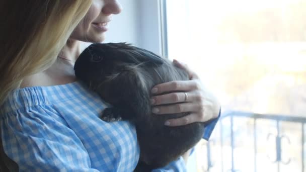 Concetto di amicizia e animali domestici. Ritratto di donna felicemente sorridente che tiene simpatico coniglio domestico — Video Stock