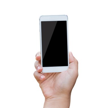 beyaz telefon beyaz kırpma yolu üzerinde izole tutan el.