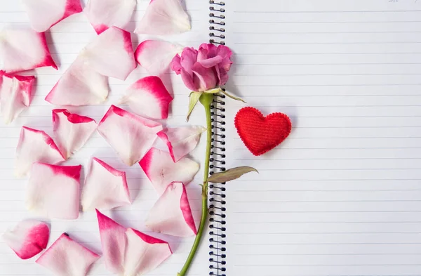 Valentinstag Mit Herzen Und Rose Auf Notizbuch — Stockfoto