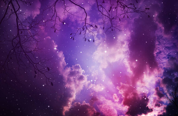 Space of purple night sky with cloud and stars.
