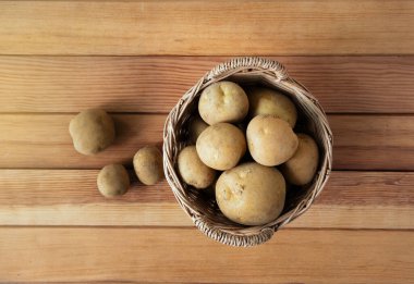 Tahtadaki hasır sepette patatesler..