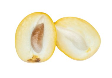 Palmiye ağacının meyvelerini kırpma yolu olan beyaz arkaplanda kapat.