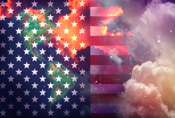 記念の日と夜空の背景にアメリカの旗の世界地図 — ストック写真